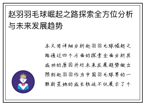 赵羽羽毛球崛起之路探索全方位分析与未来发展趋势